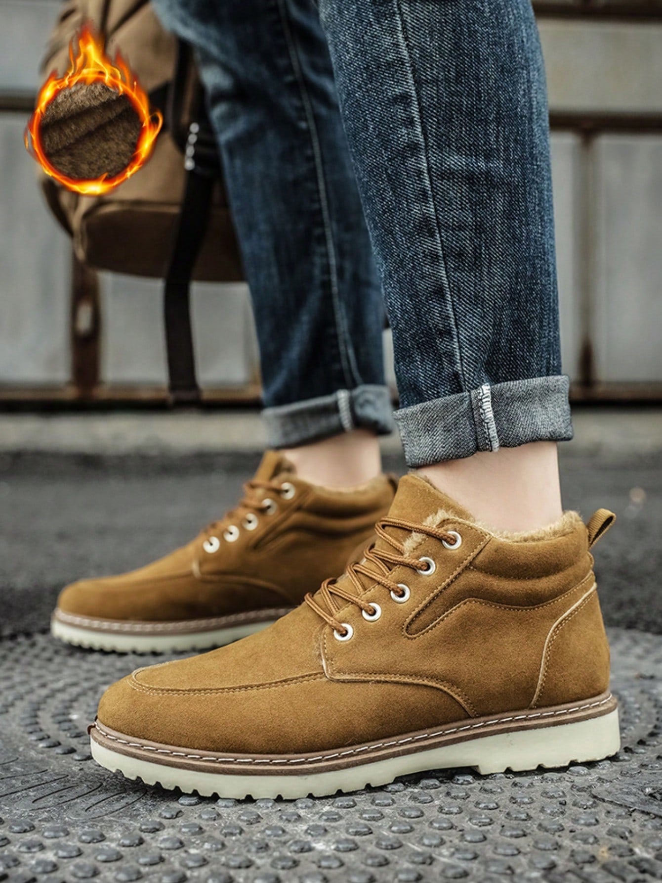 Men's Casual Pu Leather Athletic Shoes, Thick Sole Work Boot With Fleece Lining, Mid Top, Wear-resistant, Retro Lace-up Shoes For Winter