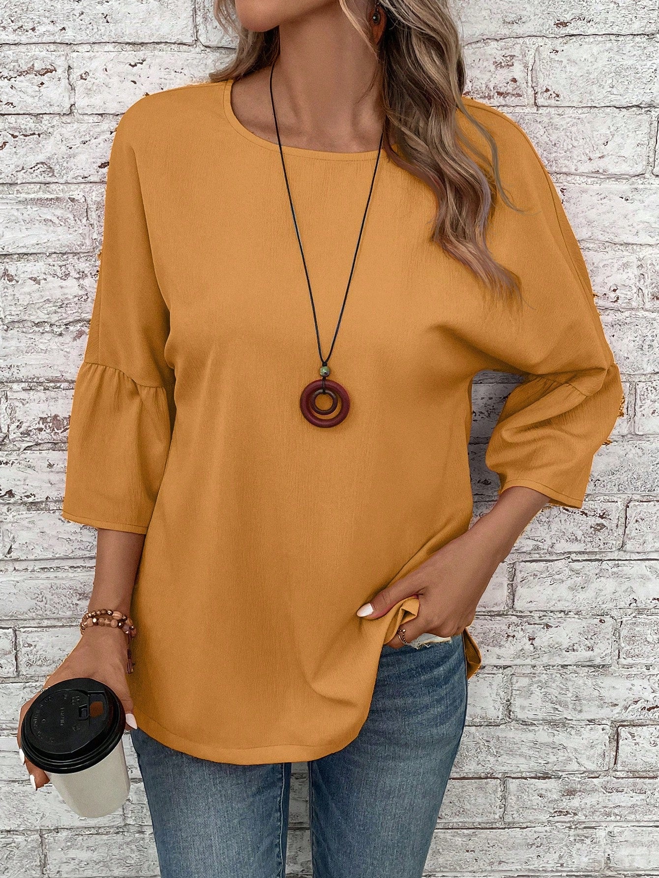 EMERY ROSE Solid Flare Sleeve Blouse