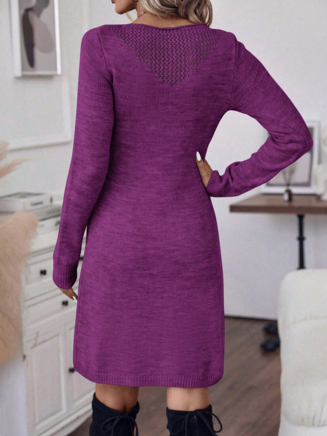 Frenchy Solid Pointelle Knit Sweater Dress
