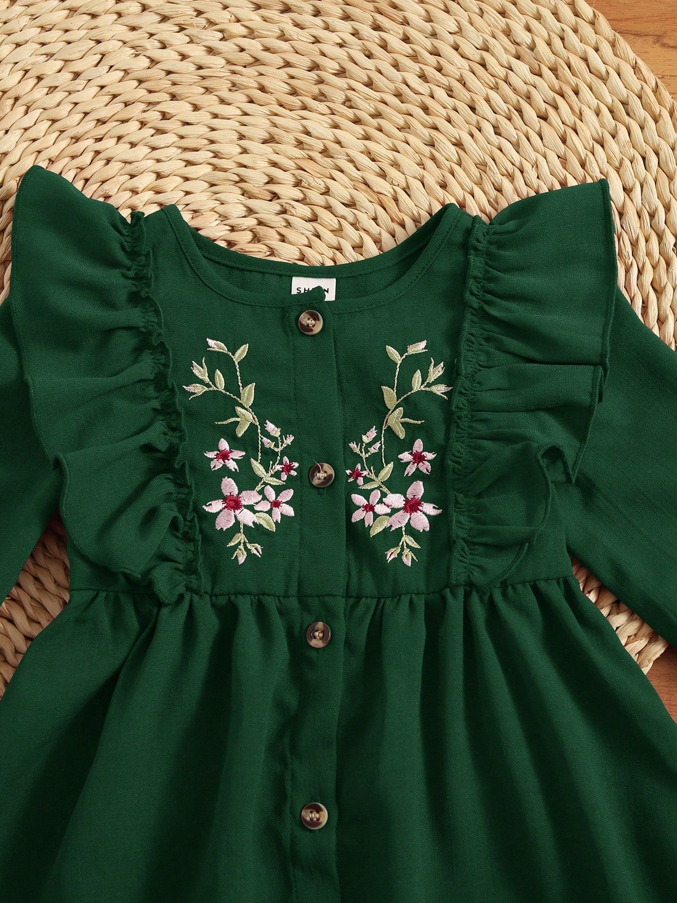 Baby Girl Floral Embroidery Ruffle Trim Flare Sleeve Dress