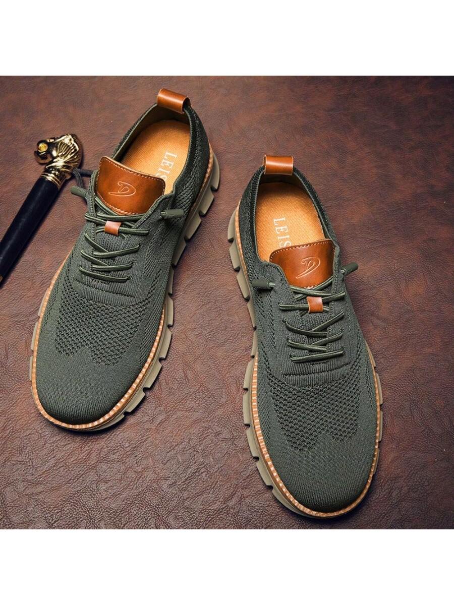 Men's Letter Detail Round Shoelace Head Sneakers, Casual Sports Green Shoes