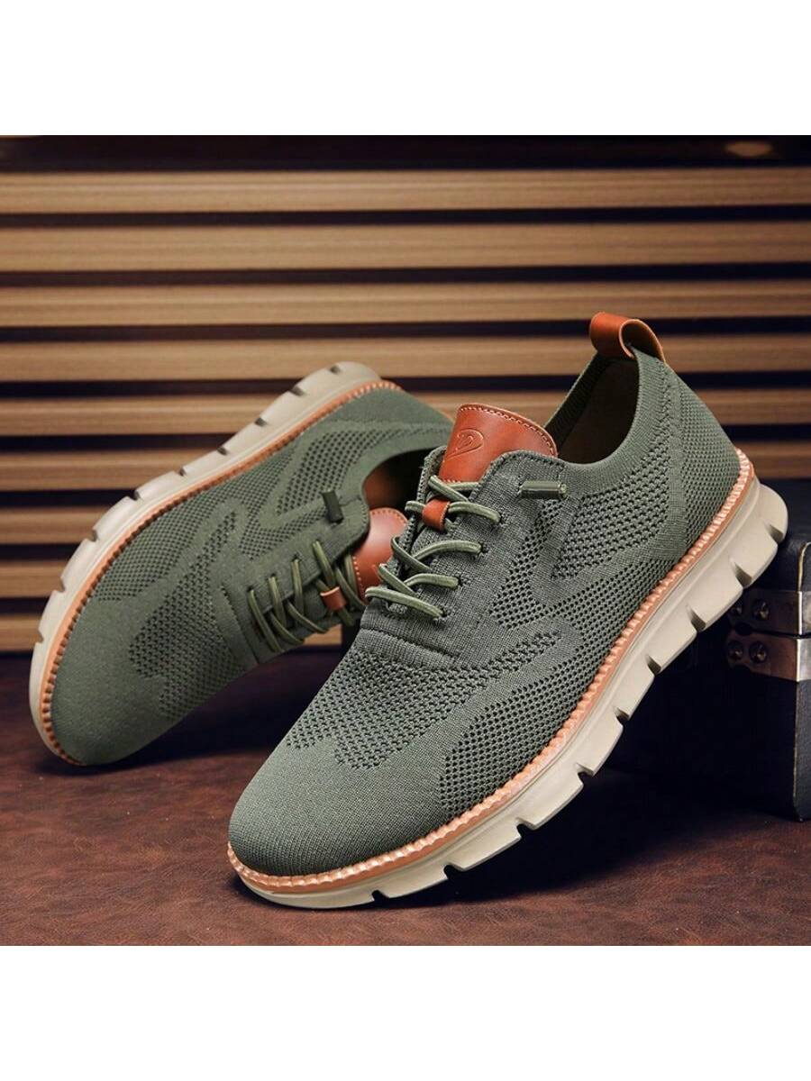 Men's Letter Detail Round Shoelace Head Sneakers, Casual Sports Green Shoes