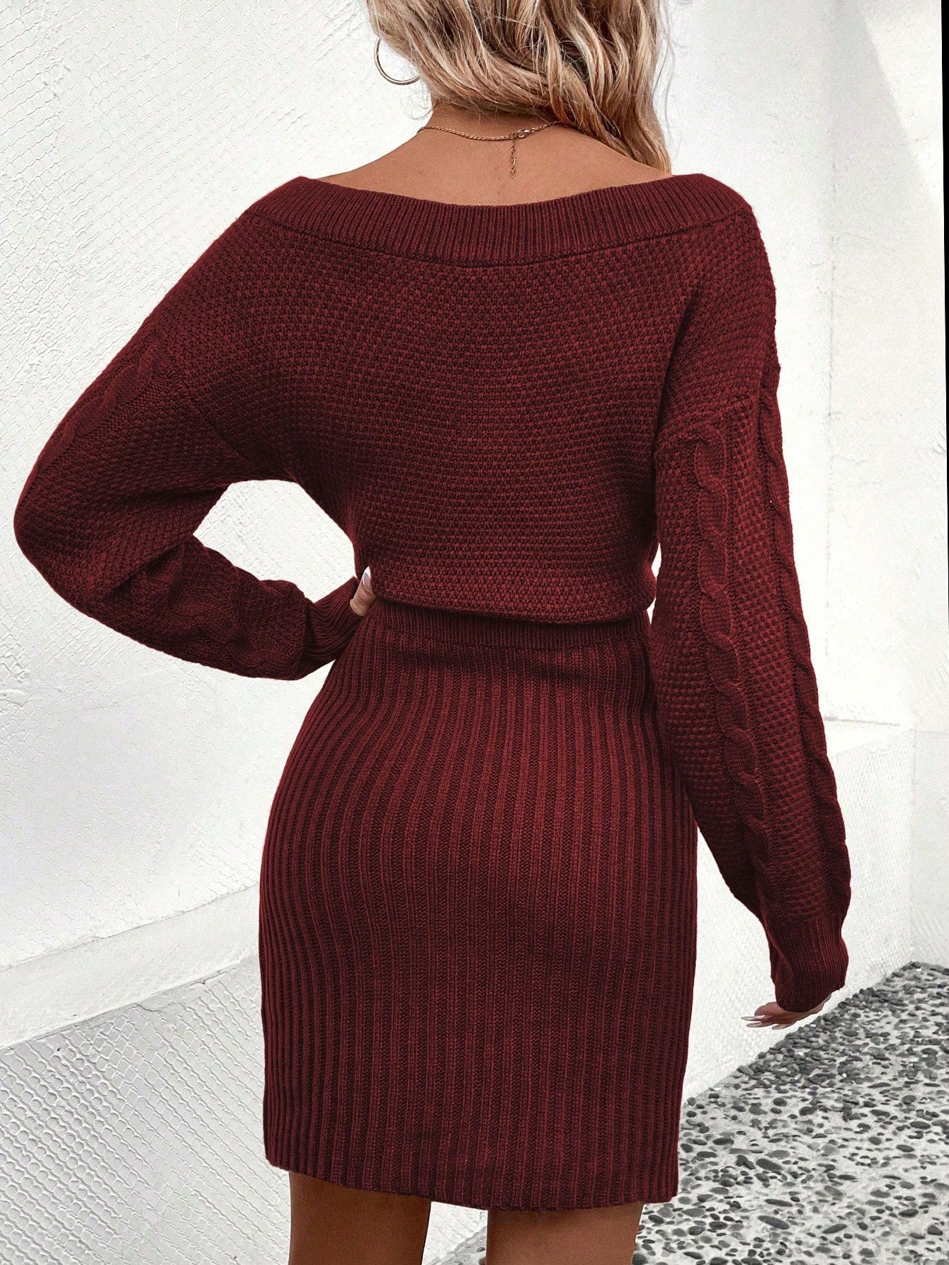 LUNE Cable Knit Drop Shoulder Sweater Dress