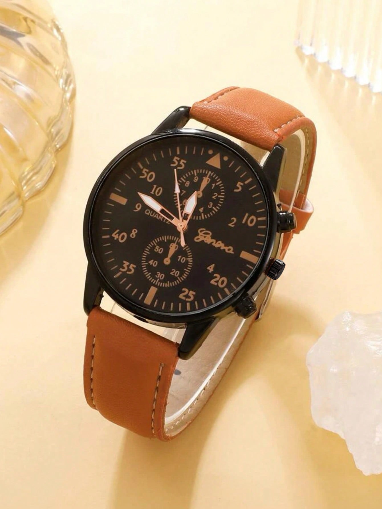 4pcs Set New Men Watch Luxury Bracelet Set Fashion Business Brown Leather Quartz Wrist Watches for Men Gift Set