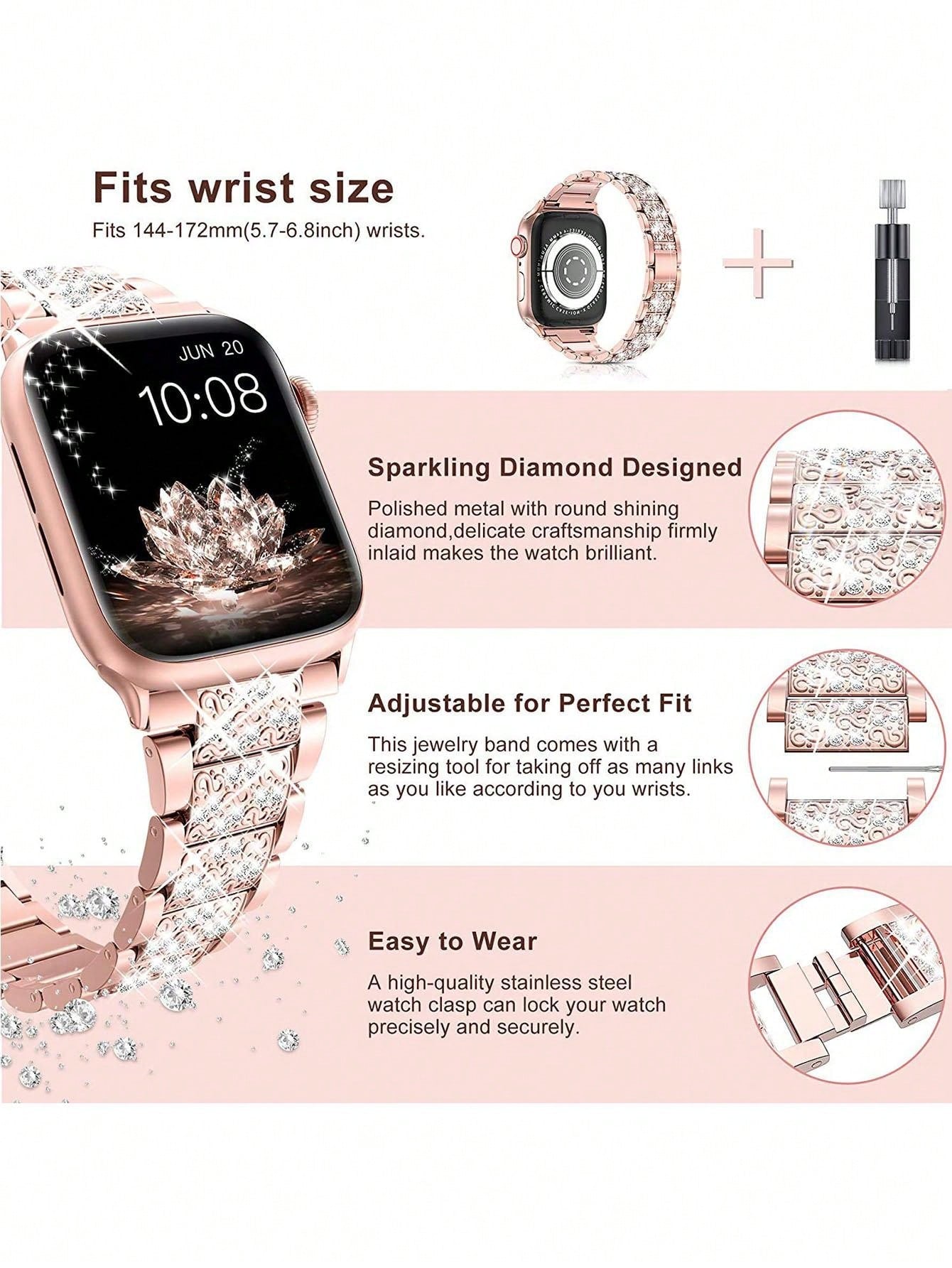 1PC Women Luxury Bling Diamond Stainless Steel Watch Band for Apple Watch Series Ultra 9 8 SE 7 6 5 4 3 2 1 Fashion Metal Strap for  Band 42mm 40mm 44mm 45mm 49mm 41mm 38mm