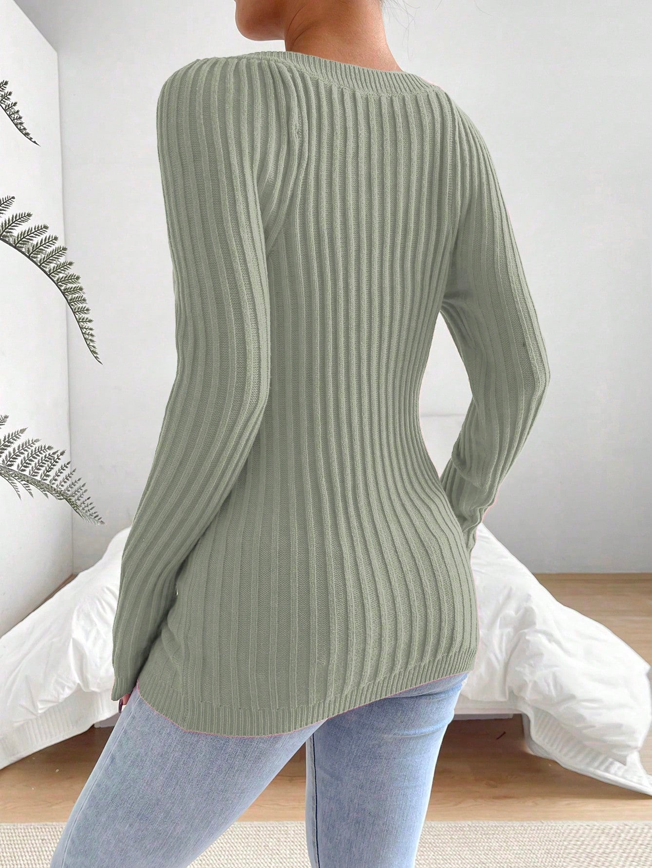 Essnce Pearls Beaded Square Neck Ribbed Knit Sweater