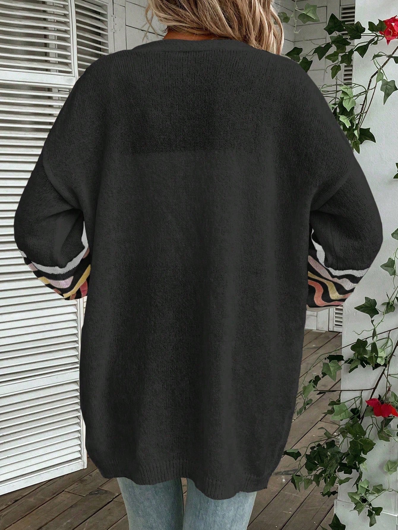 Essnce Striped Pattern Drop Shoulder Open Front Cardigan