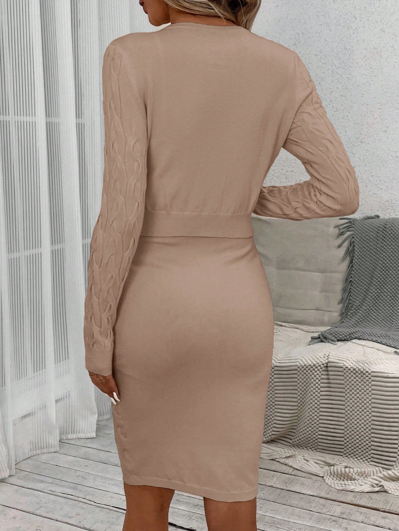 LUNE Solid Bodycon Sweater Dress & Button Front Cardigan