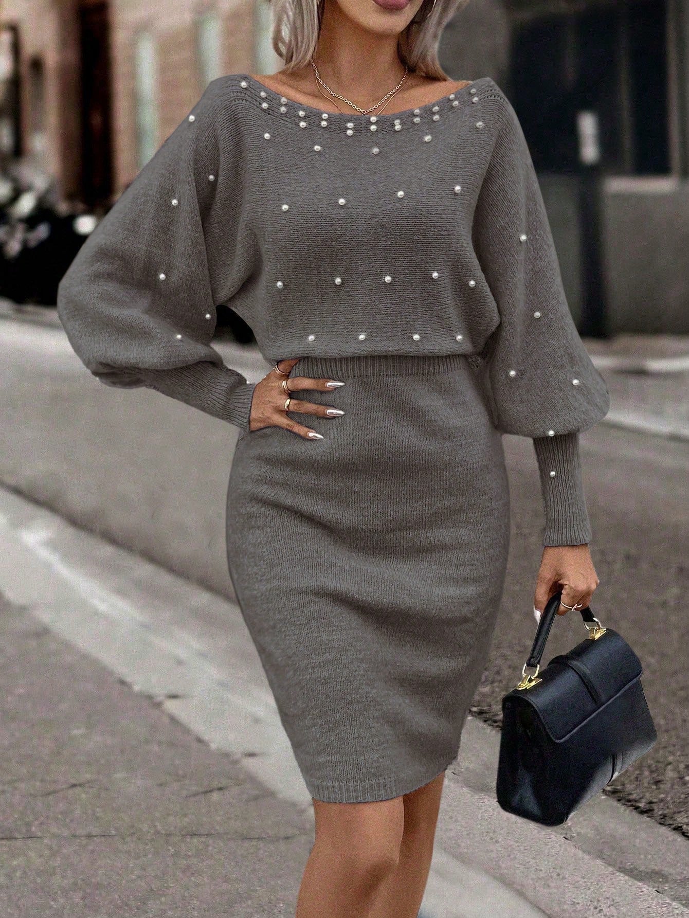 Privé Pearls Beaded Off Shoulder Batwing Sleeve Sweater Dress