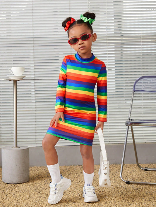 Kids Cooltwn Toddler Girls' Sweet & Cool Striped Knitted Long Sleeve Dress For Daily Wear