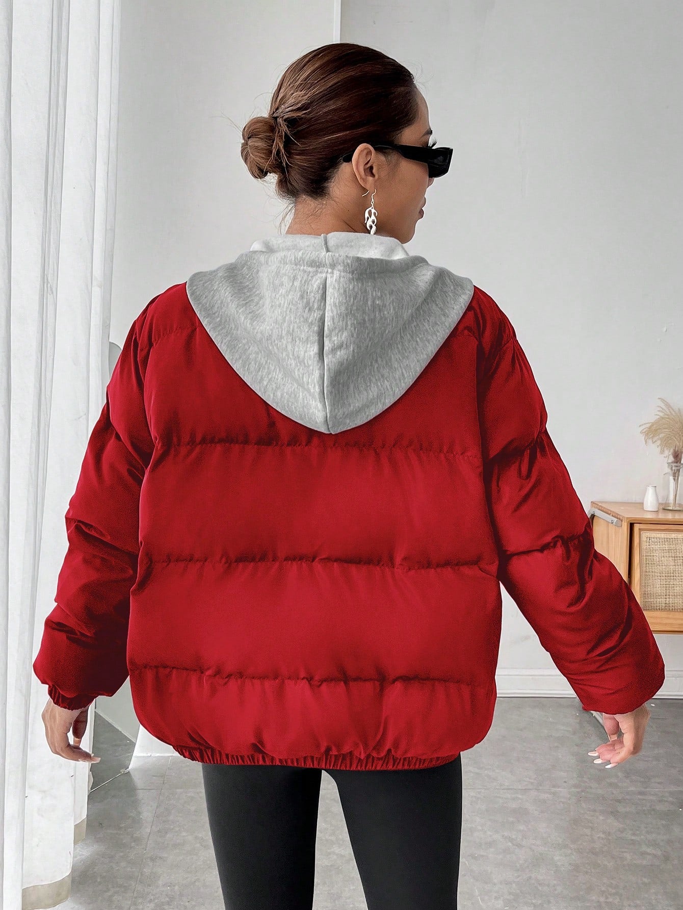 EZwear Women's Letter Print Color-block Hooded Padded Jacket