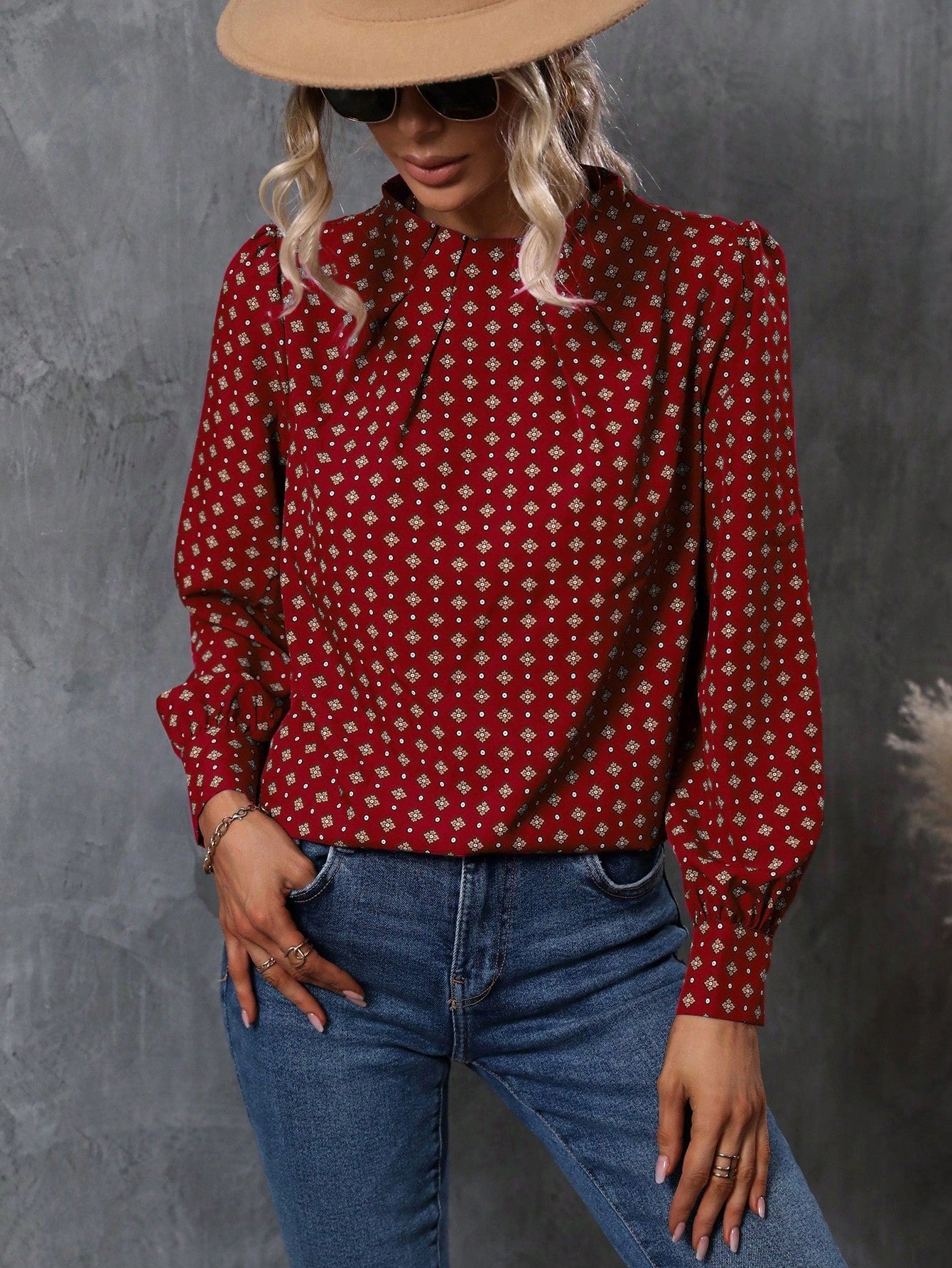 LUNE Allover Print Mock Neck Puff Sleeve Blouse