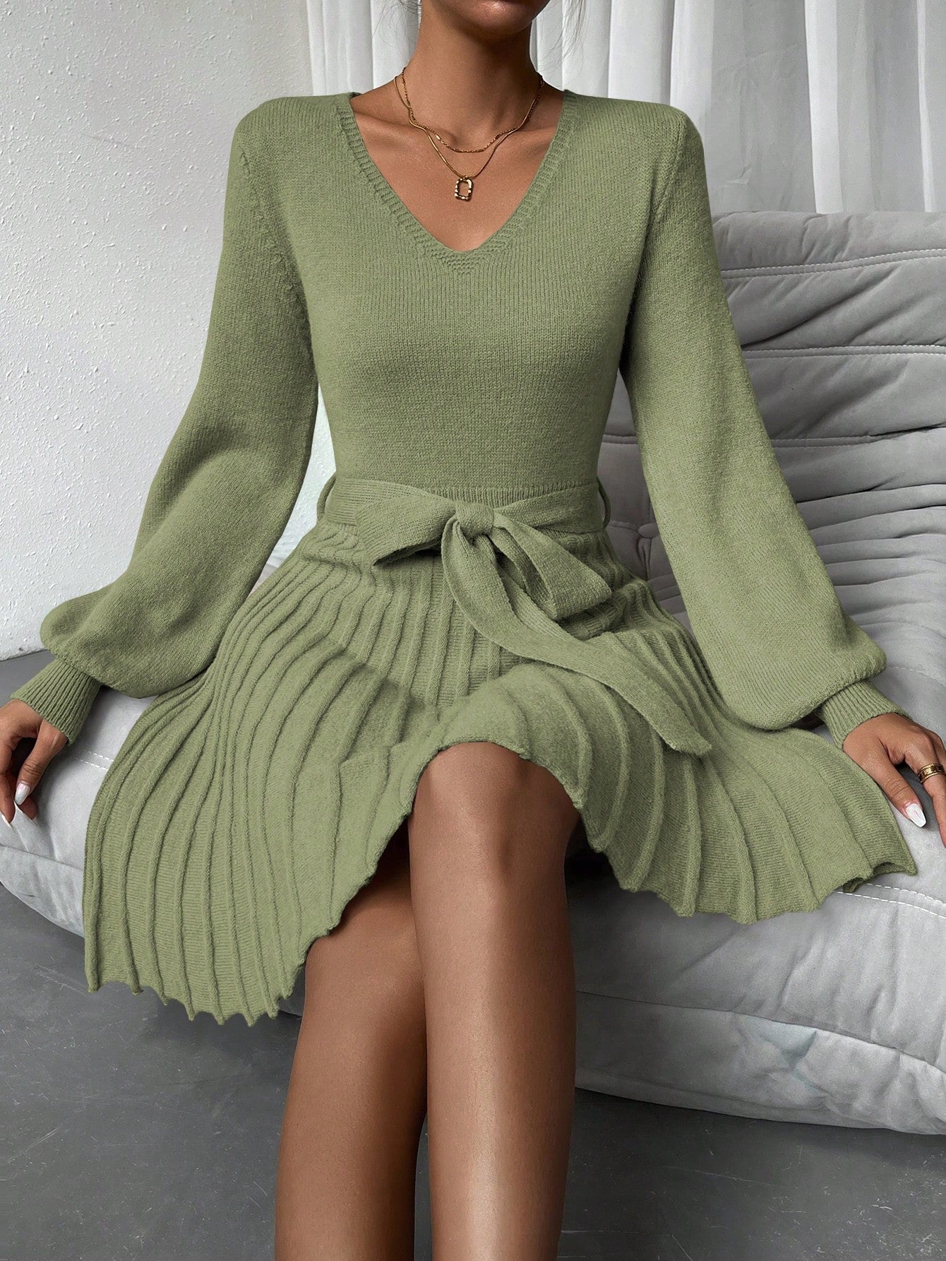 Privé Lantern Sleeve Pleated Hem Belted Sweater Dress