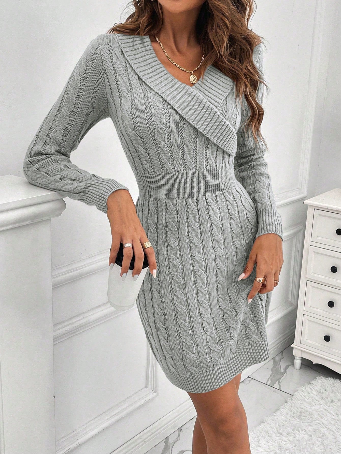 Women'S Solid Color Button Detail Knitted Sweater Dress With Shawl Collar