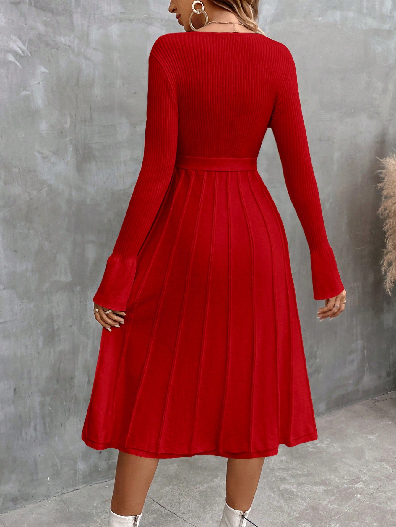 LUNE Solid Belted Ribbed Knit Belted A-line Sweater Dress