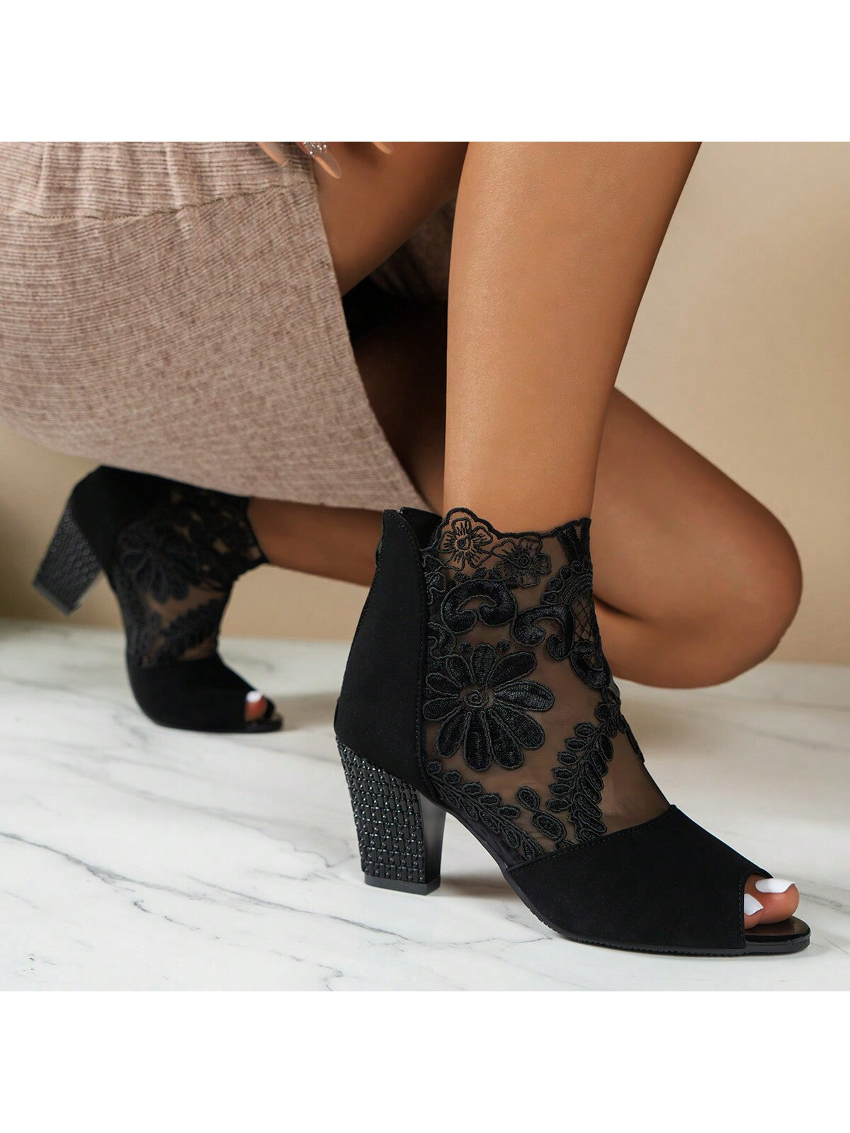 Women's Black Embroidered High Heel Mesh Boots