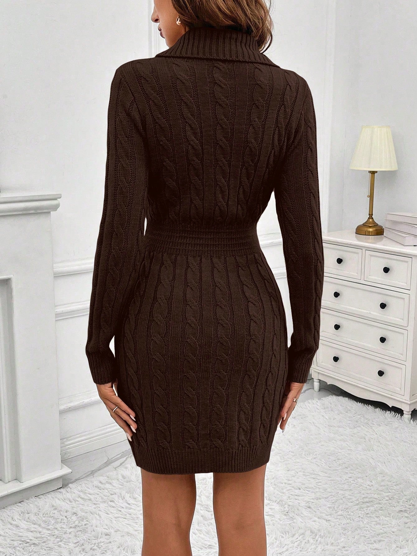 Women'S Solid Color Button Detail Knitted Sweater Dress With Shawl Collar