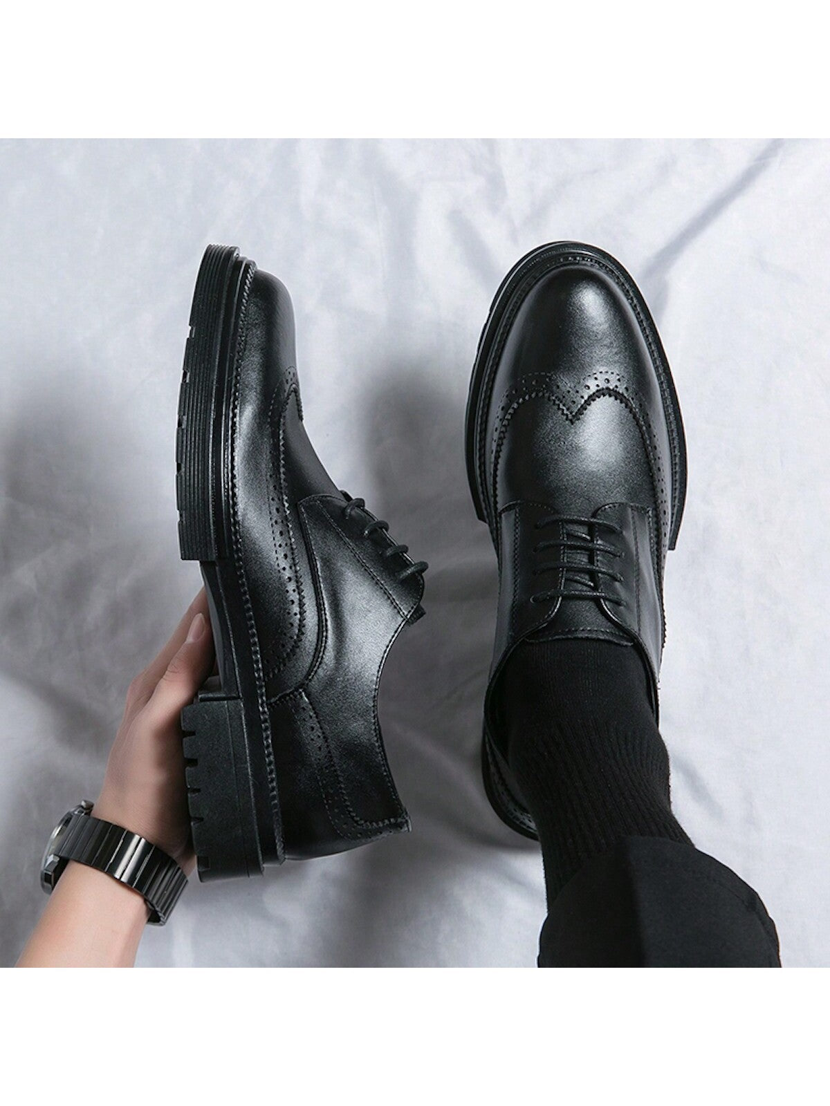 Men's Thick-Soled Height-Increasing Fashion Shoes Classic Lace-Up Leather Oxford Shoes With British Style Brogue Decoration For Streetwear & Casual Fashion