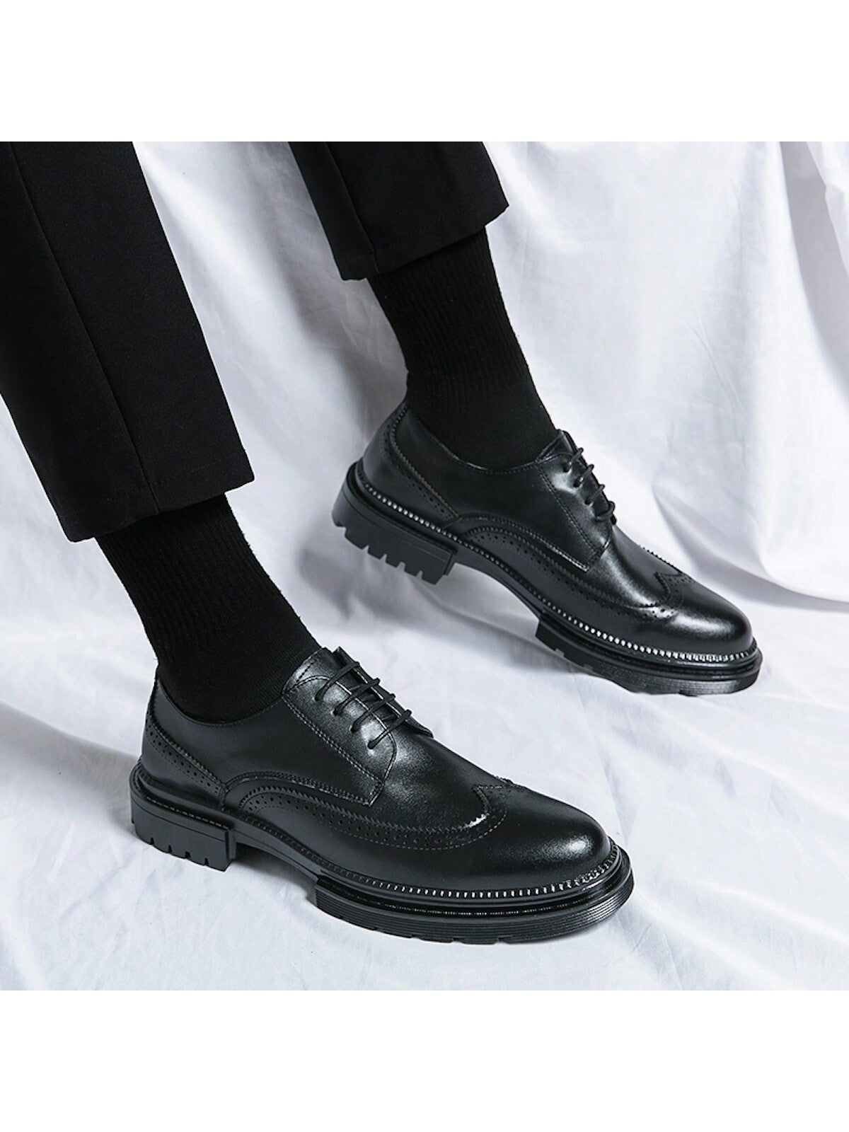 Men's Thick-Soled Height-Increasing Fashion Shoes Classic Lace-Up Leather Oxford Shoes With British Style Brogue Decoration For Streetwear & Casual Fashion