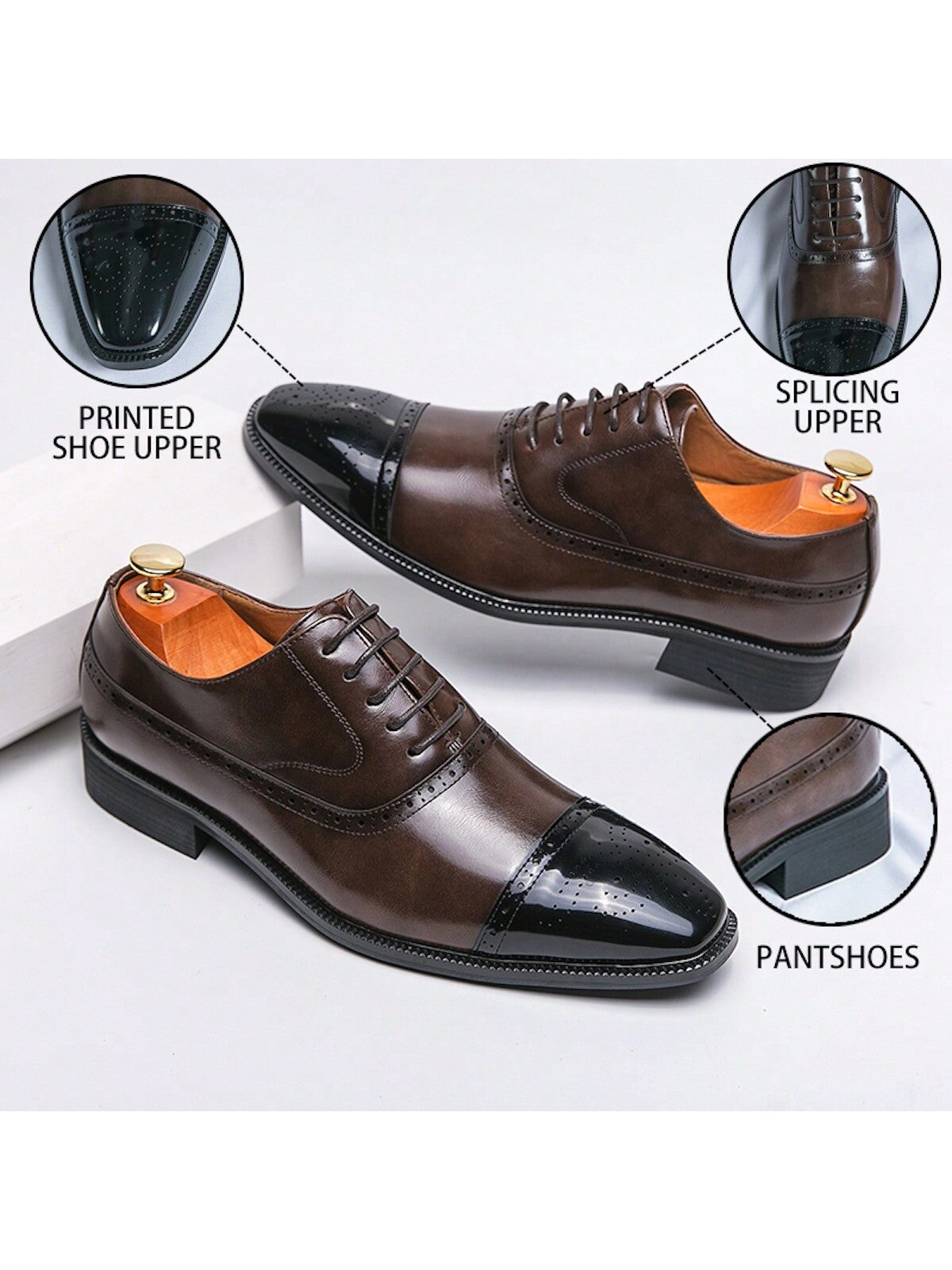Men's Two Tone Classic Oxford Shoes With Pointed Toe, Lace-Up Closure, Brogue Detailing, Business Casual Dress Shoes, Suitable For Dance Party And Various Occasions