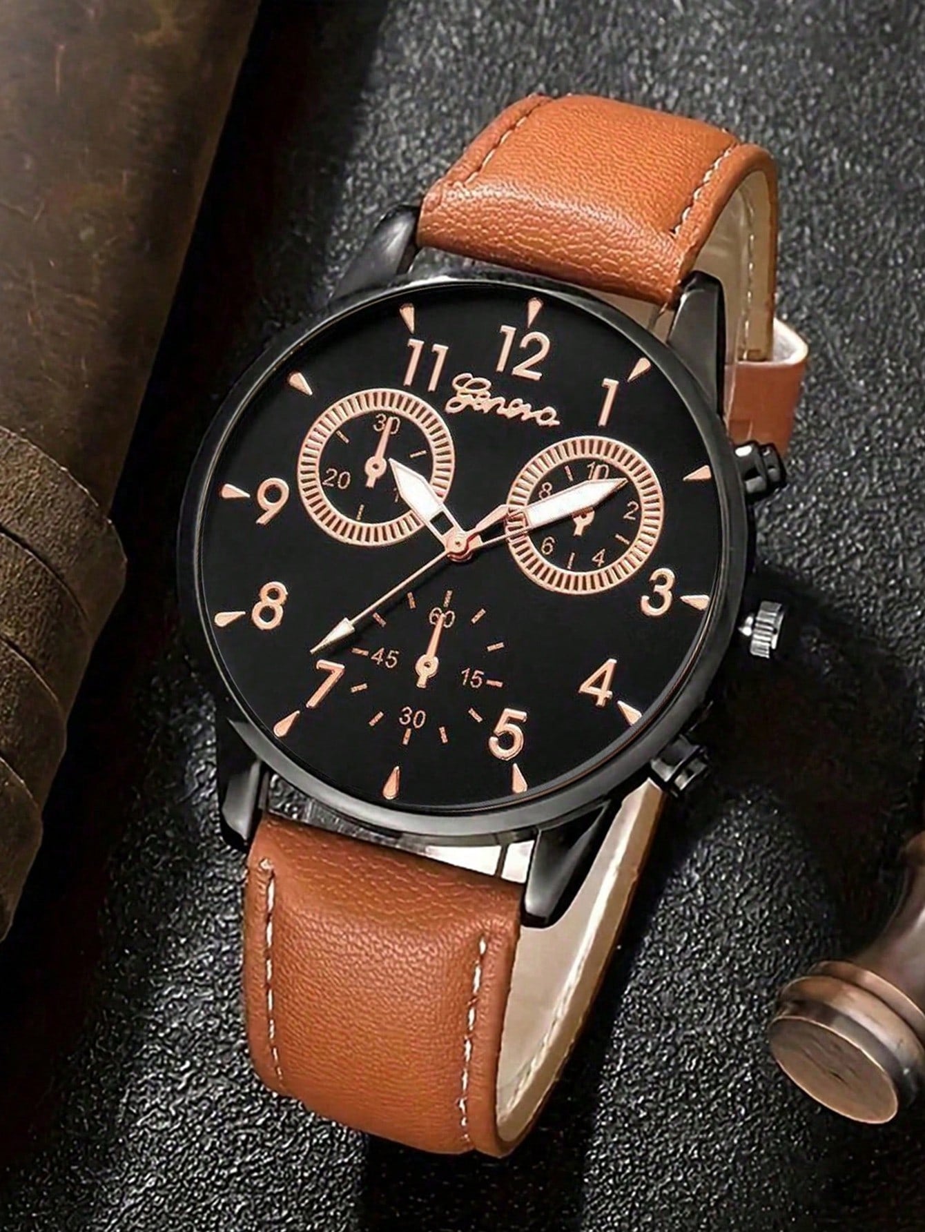 4pcs Set New Men Watch Luxury Bracelet Set Fashion Business Brown Leather Quartz Wrist Watches for Men Gift Set